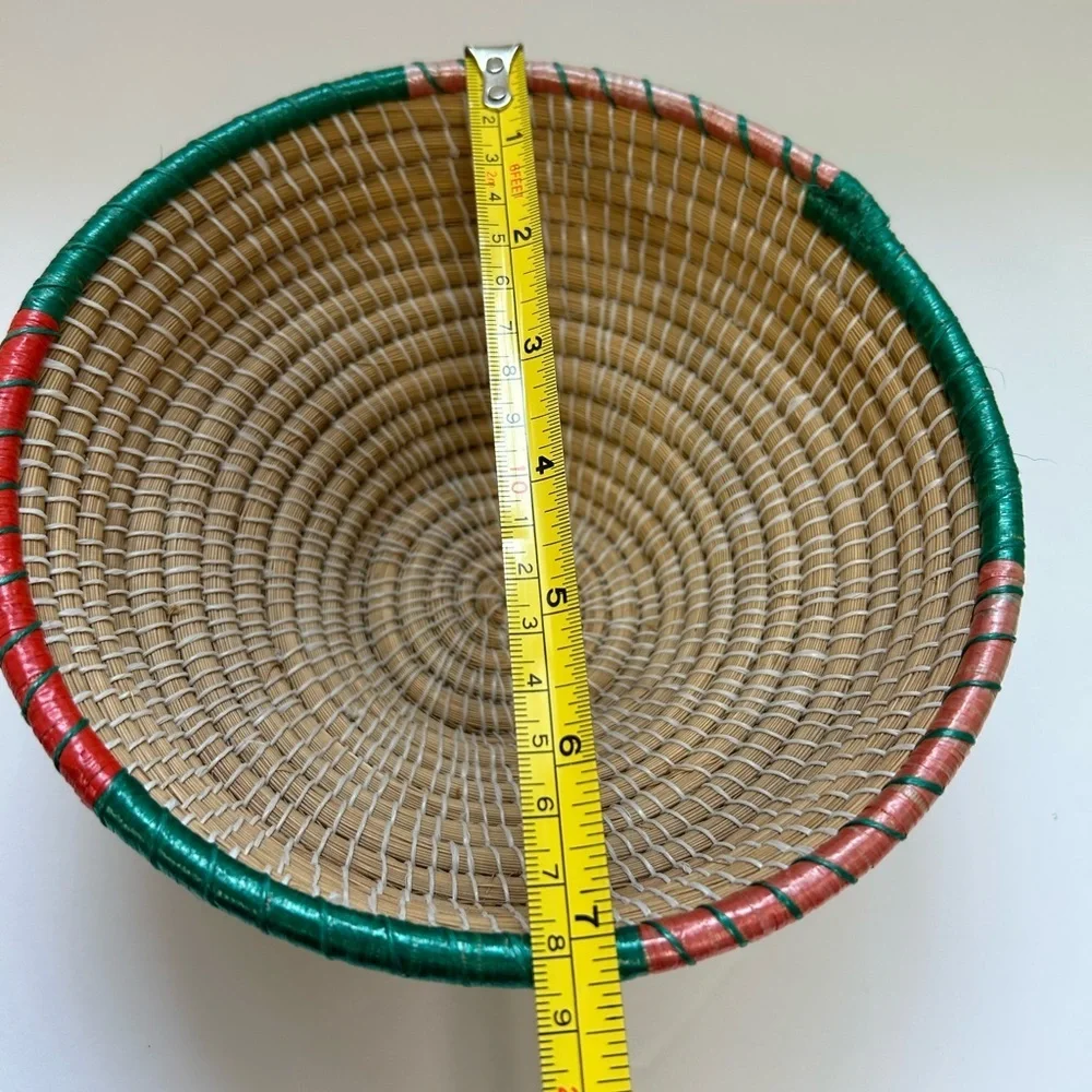 Handwoven coiled Basket with Green and Red Accents/ NWOT!